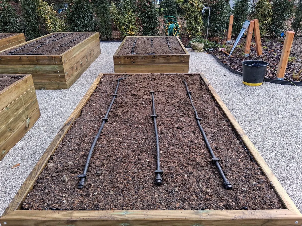 Bacs potagers en bois équipés de lignes de goutte-à-goutte avant plantation